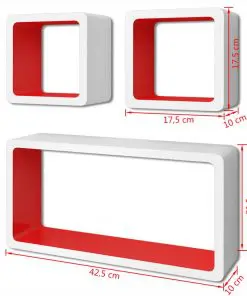 3 White-red MDF Floating Wall Display Shelf Cubes Book/DVD Storage