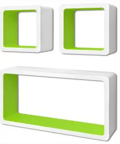 3 White-green MDF Floating Wall Display Shelf Cubes Book/DVD Storage