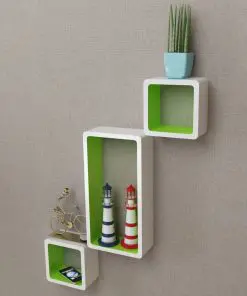 3 White-green MDF Floating Wall Display Shelf Cubes Book/DVD Storage