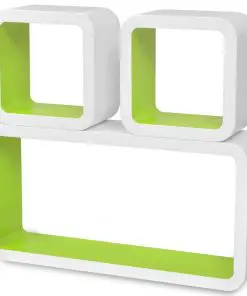 3 White-green MDF Floating Wall Display Shelf Cubes Book/DVD Storage