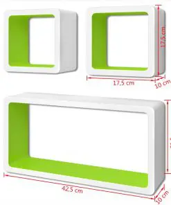 3 White-green MDF Floating Wall Display Shelf Cubes Book/DVD Storage