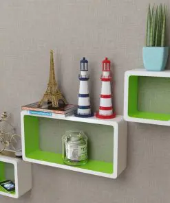 3 White-green MDF Floating Wall Display Shelf Cubes Book/DVD Storage