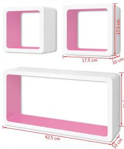 3 White-pink MDF Floating Wall Display Shelf Cubes Book/DVD Storage