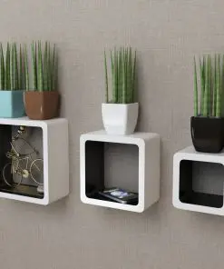 3 White-black MDF Floating Wall Display Shelf Cubes Book/DVD Storage