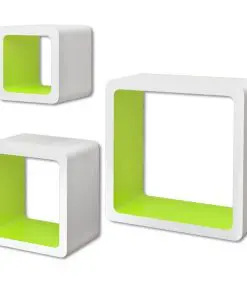3 White-green MDF Floating Wall Display Shelf Cubes Book/DVD Storage