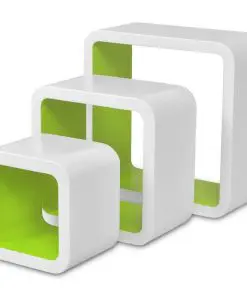 3 White-green MDF Floating Wall Display Shelf Cubes Book/DVD Storage