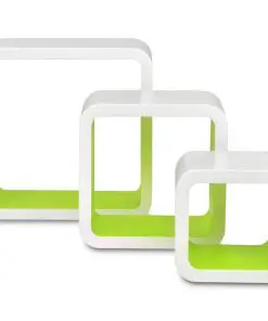 3 White-green MDF Floating Wall Display Shelf Cubes Book/DVD Storage