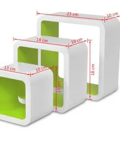 3 White-green MDF Floating Wall Display Shelf Cubes Book/DVD Storage