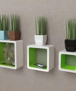 3 White-green MDF Floating Wall Display Shelf Cubes Book/DVD Storage