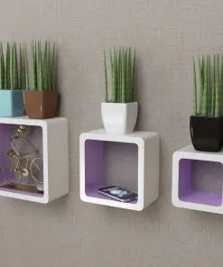 3 White-purple MDF Floating Wall Display Shelf Cubes Book/DVD Storage