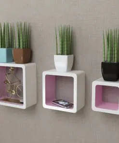 3 White-pink MDF Floating Wall Display Shelf Cubes Book/DVD Storage