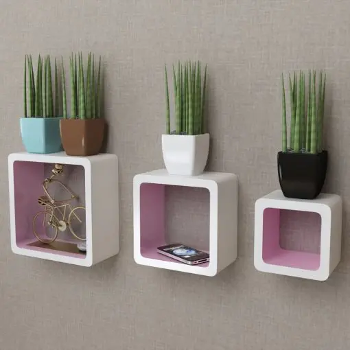 3 White-pink MDF Floating Wall Display Shelf Cubes Book/DVD Storage