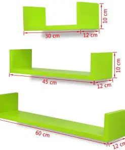 3 Green MDF U-shaped Floating Wall Display Shelves Book/DVD Storage