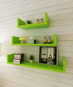 3 Green MDF U-shaped Floating Wall Display Shelves Book/DVD Storage