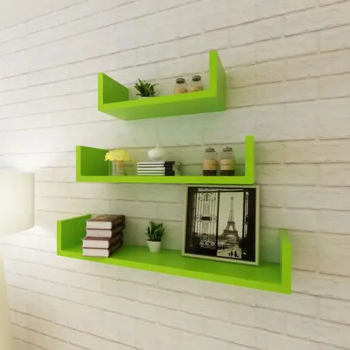 3 Green MDF U-shaped Floating Wall Display Shelves Book/DVD Storage