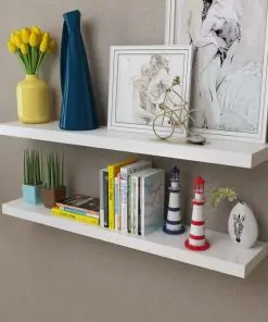 2 White MDF Floating Wall Display Shelves Book/DVD Storage