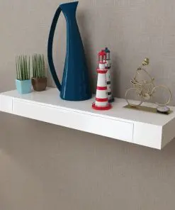 White MDF Floating Wall Display Shelf 1 Drawer Book/DVD Storage