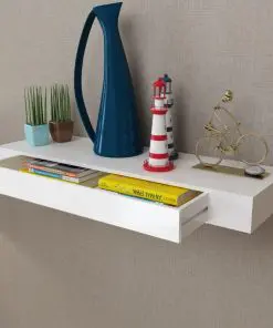 White MDF Floating Wall Display Shelf 1 Drawer Book/DVD Storage