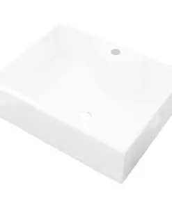 Ceramic Bathroom Sink Basin with Faucet Hole White Square