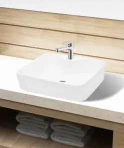 Ceramic Bathroom Sink Basin with Faucet Hole White Square