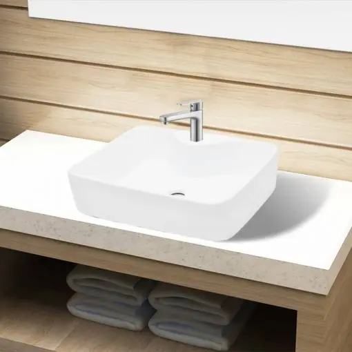 Ceramic Bathroom Sink Basin with Faucet Hole White Square