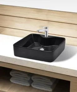 Ceramic Bathroom Sink Basin with Faucet Hole Black Square