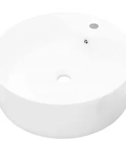 vidaXL Ceramic Bathroom Sink Basin Faucet/Overflow Hole White Round