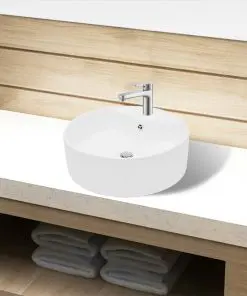 vidaXL Ceramic Bathroom Sink Basin Faucet/Overflow Hole White Round