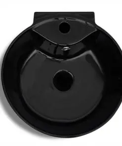 Ceramic Stand Bathroom Sink Basin Faucet/Overflow Hole Black Round