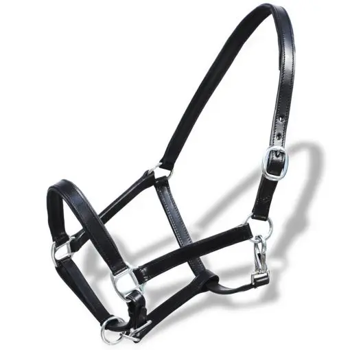 vidaXL Real Leather Headcollar Stable Halter Adjustable Black Cob