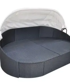 vidaXL Outdoor Lounge Bed with Canopy Poly Rattan Black