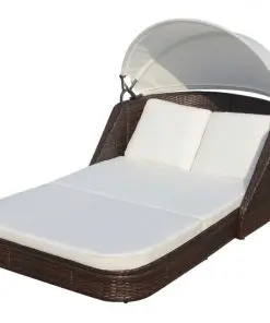 vidaXL Sun Lounger with Canopy Poly Rattan Brown