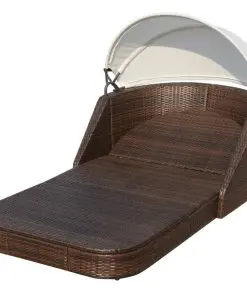 vidaXL Sun Lounger with Canopy Poly Rattan Brown