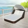 vidaXL Sun Lounger with Canopy Poly Rattan Brown