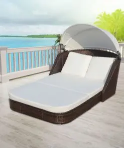 vidaXL Sun Lounger with Canopy Poly Rattan Brown