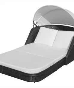 vidaXL Sun Lounger with Canopy Poly Rattan Black