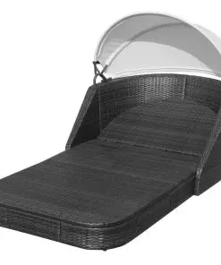 vidaXL Sun Lounger with Canopy Poly Rattan Black