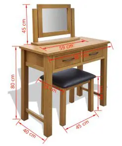 vidaXL Dressing Table with Stool Solid Oak Wood