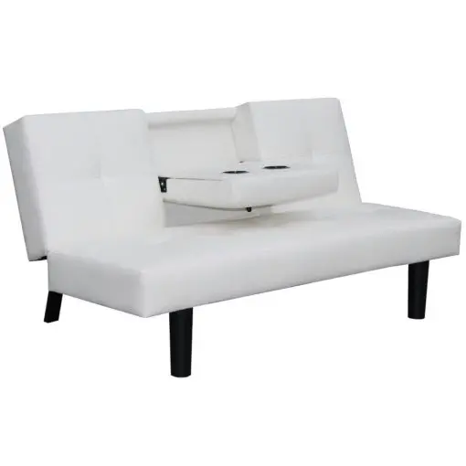 vidaXL Sofa Bed with Drop-Down Table Artificial Leather White