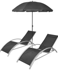 vidaXL Sun Loungers with Umbrella Aluminium Black