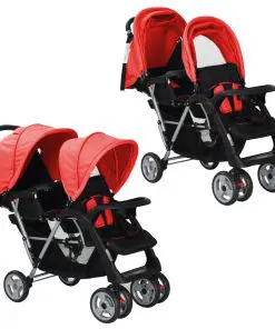 vidaXL Tandem Stroller Steel Red and Black