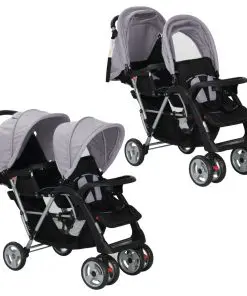 vidaXL Tandem Stroller Steel Grey and Black