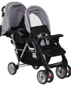 vidaXL Tandem Stroller Steel Grey and Black