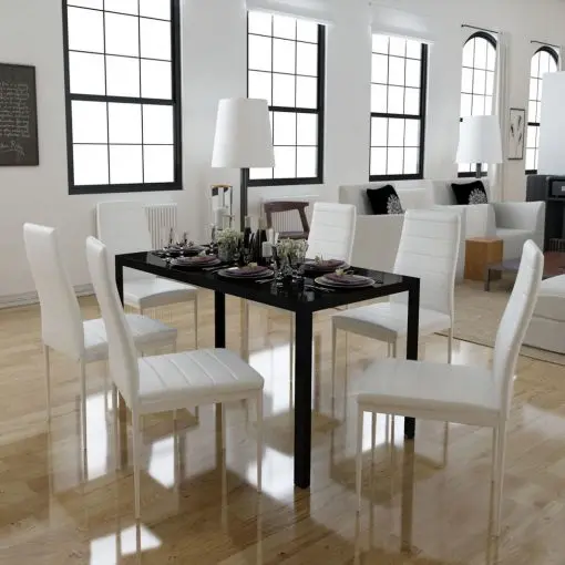 vidaXL Seven Piece Dining Table Set Black and White