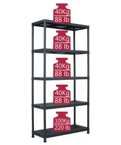 vidaXL Storage Shelf Rack Black 260 kg 90x40x180 cm Plastic