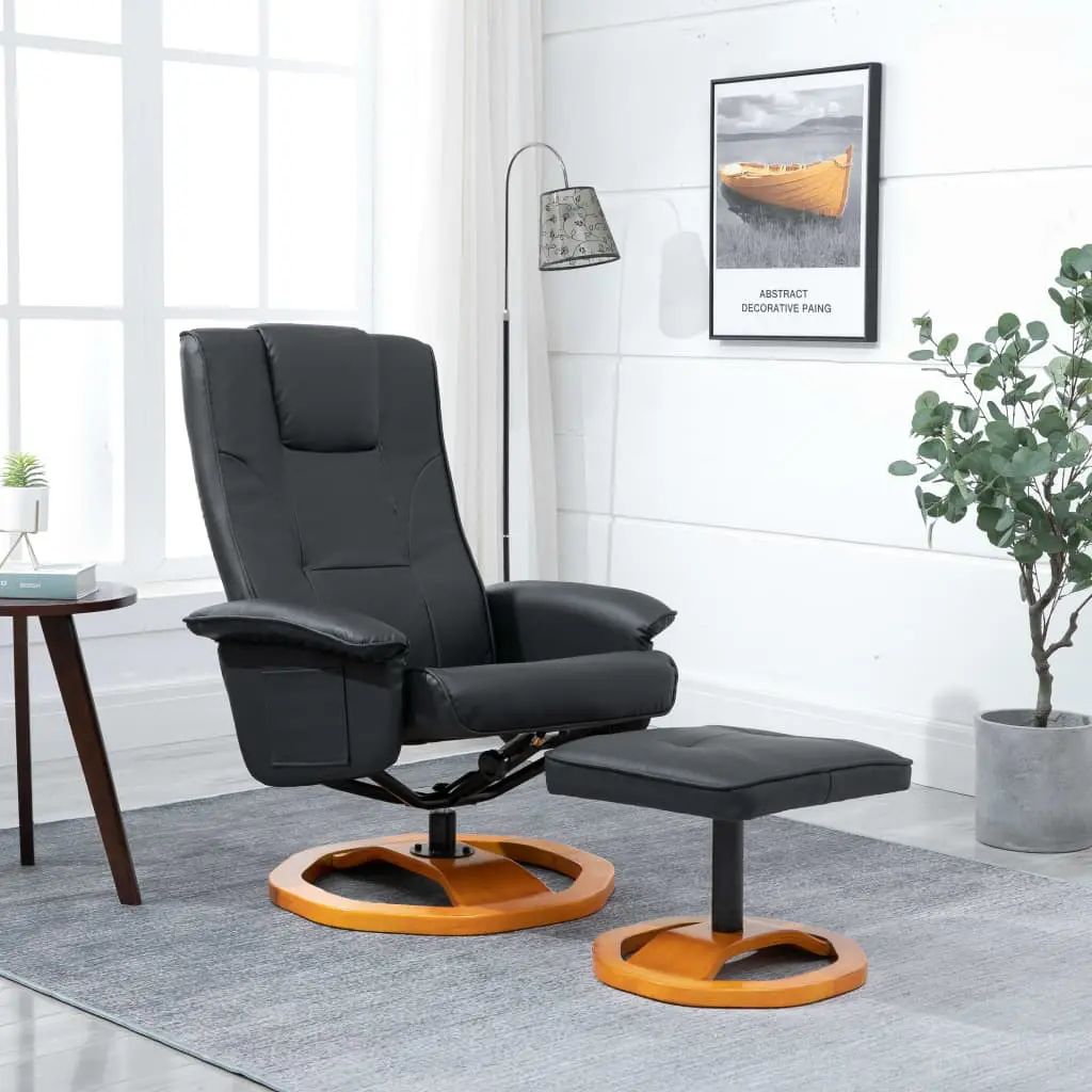 vidaXL Swivel TV Armchair with Foot Stool Black Faux Leather