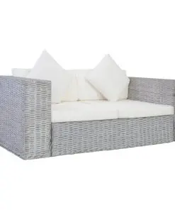 vidaXL 2-Seater Sofa with Cushions Grey Natural Rattan