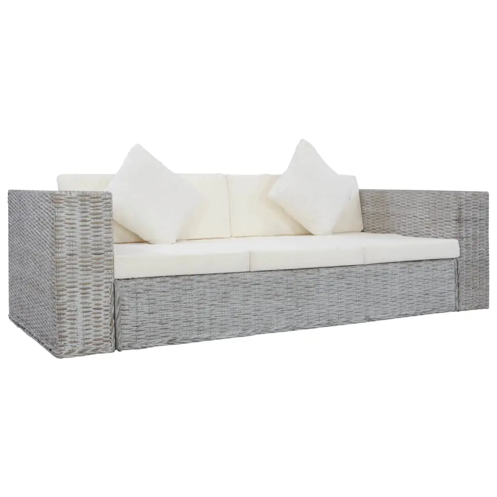 vidaXL 3-Seater Sofa with Cushions Grey Natural Rattan