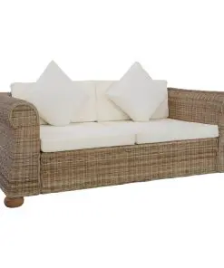 vidaXL 2-Seater Sofa with Cushions Natural Rattan