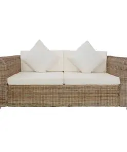 vidaXL 2-Seater Sofa with Cushions Natural Rattan